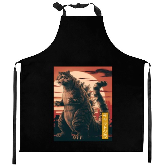 Funny Cute Cat Art Japanese Sunset Retro Catzilla Kitchen Aprons
