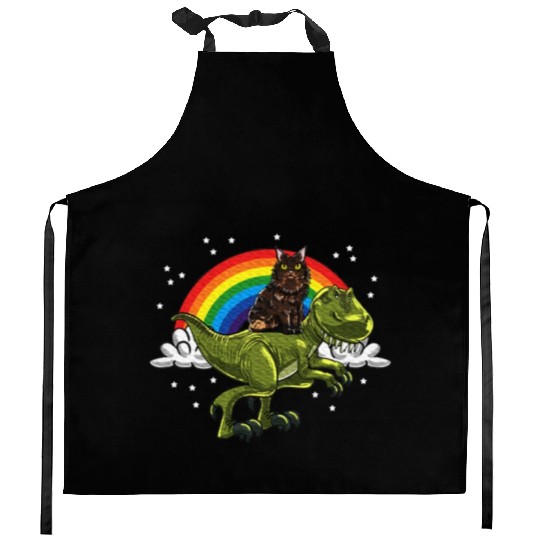 T Rex Dino Maine Cat Rainbow Feline Cat Lover Kitchen Aprons