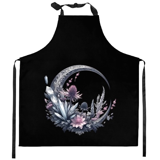 Crescent moon in silver, with crystals and flowers Kitchen Aprons