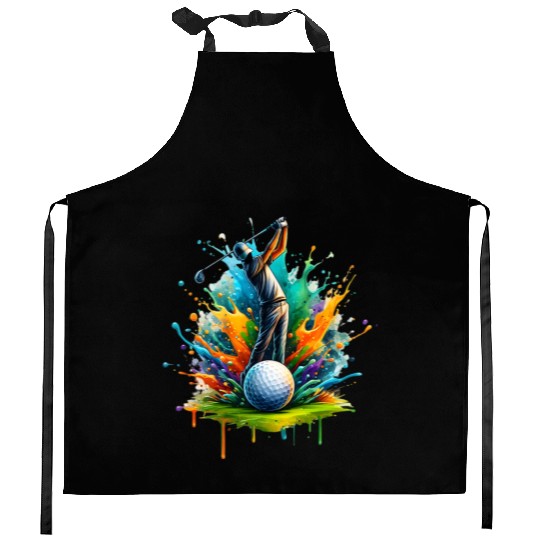 Watercolor Golf Swing Colorful Golfer Art Kitchen Aprons