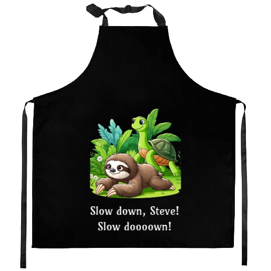 Slow Down Steve! Sloth and Turtle Walking Slowly Kitchen Aprons