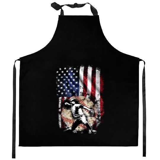 Patriotic American Flag Baseball Pitcher Kitchen Aprons