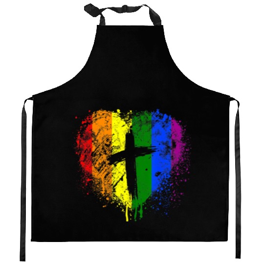 Rainbow Heart with Cross Gay Pride LGBT Christian Kitchen Aprons