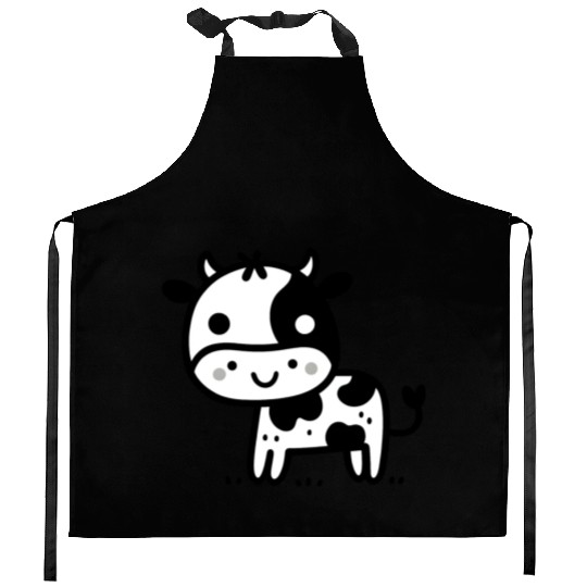 Friendly Stick Figure Cow - Black & White Kitchen Aprons