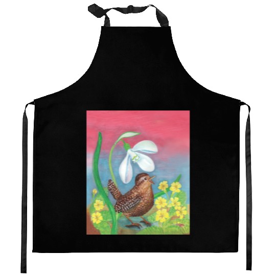 White Snowdrop & Wren Bird in Spring Illustration Kitchen Aprons