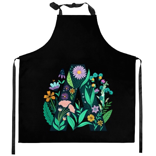 Green 'A' with Pastel Flowers Kitchen Aprons