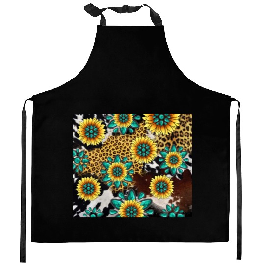 Turquoise Gemstone Sunflowers Leopard Cowhide Kitchen Aprons