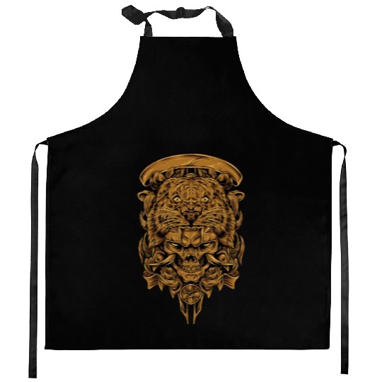 Golden Angry Tiger Tora Skull Tattoo Kitchen Aprons