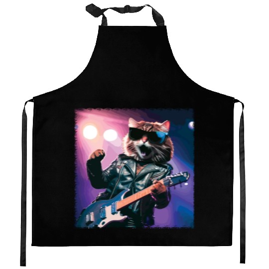 Funny Cat Plays Guitar Instruments Cute Concert Kitchen Aprons