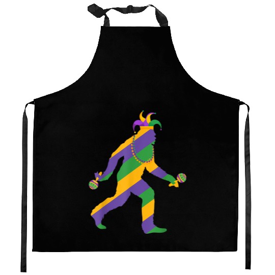 mardi gras bigfoot sasquatch men Kitchen Aprons