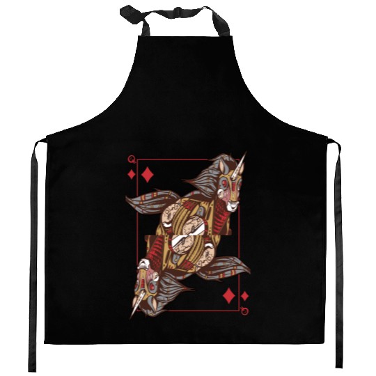 Unicorn steampunk card game Queen of Diamonds Poke Kitchen Aprons