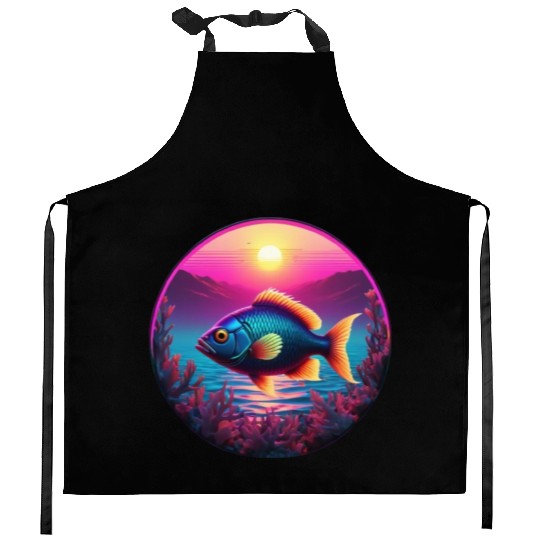 Synthwave Fish and Coral and a Sunset and Ocean Kitchen Aprons