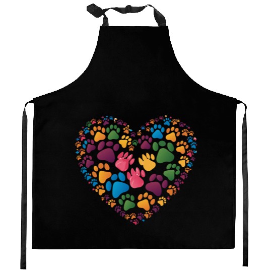 Colorful Cat Paw Prints Forming a Heart Shape Kitchen Aprons