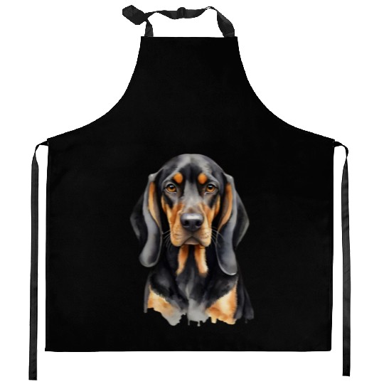 Elegant watercolor Black & Tan Coonhound Dog Kitchen Aprons