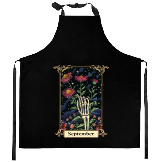 September Gothic Tarot Card - Aster Flower & Skele Kitchen Aprons