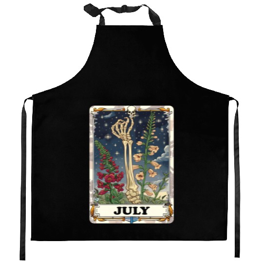 July Gothic Tarot Card - Larkspur Flower & Skeleto Kitchen Aprons