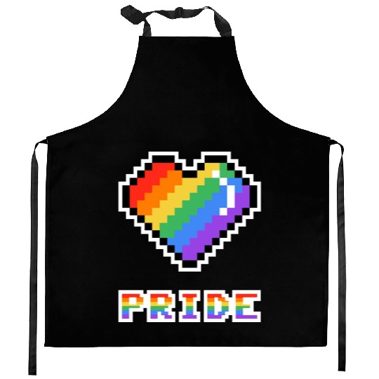 Pixel heart Pride rainbow colored Kitchen Aprons