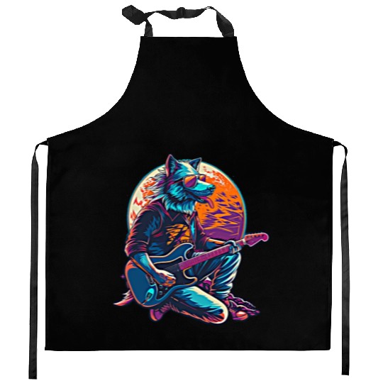 Blue Wolf Moon Guitar Player Retro Sunglasses Kitchen Aprons