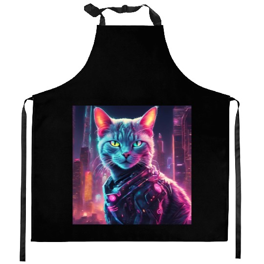 Cyberpunk Neon Cat Kitchen Aprons