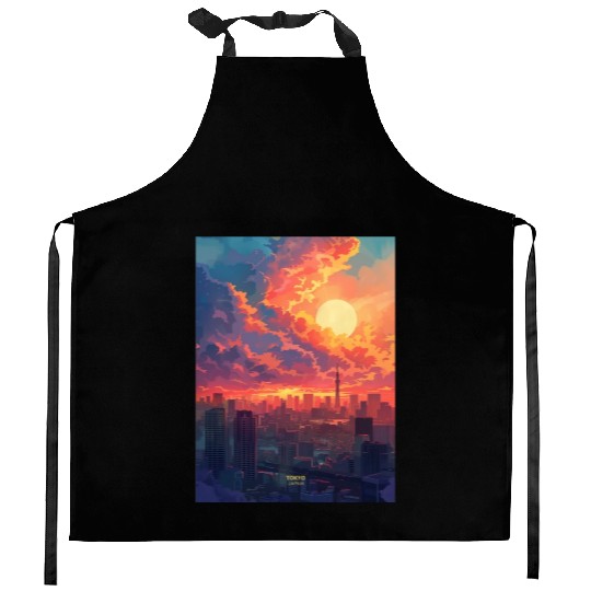 Beautiful Sunset in Tokyo City Japan Kitchen Aprons