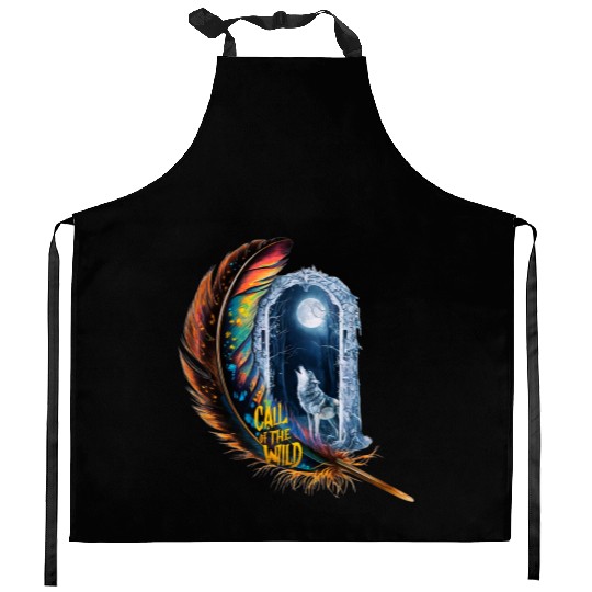 Glowing feather with wolf howling at the moon Kitchen Aprons
