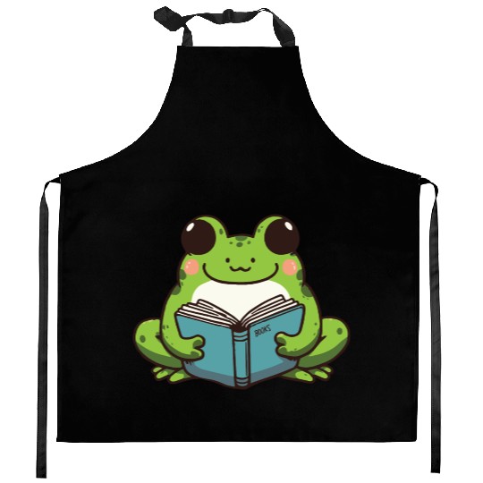 cute book lover frog Kitchen Aprons