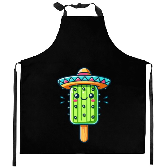 funny cactus ice cream motif with colorful sombrer Kitchen Aprons