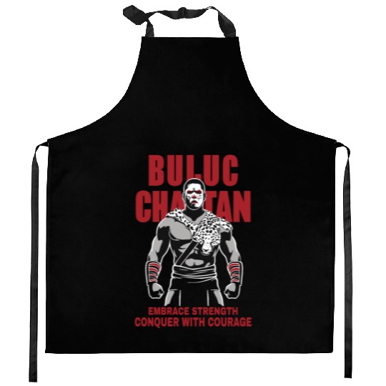 Maya God, Buluc Chabtan Embrace Strength Conquer Kitchen Aprons