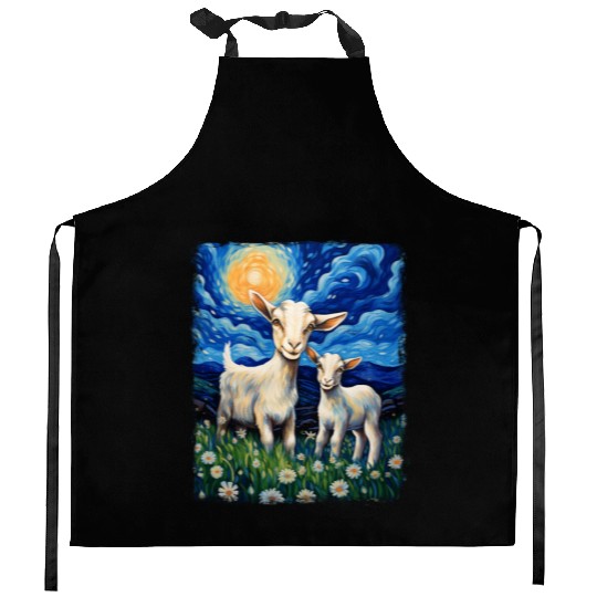 Goats Farm Animals Farmer Starry Night Painting Kitchen Aprons