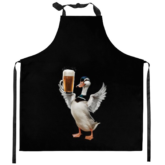 Duck Drinking Beer Realistic Kitchen Aprons