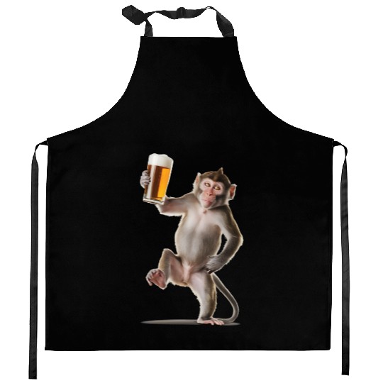 Monkey Drinking Beer Realistic Kitchen Aprons