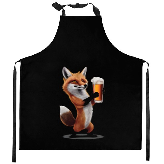 Fox Drinking Beer Realistic Kitchen Aprons