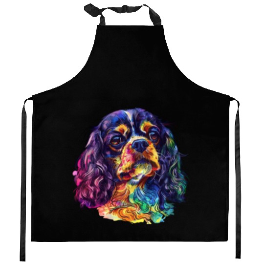 Colorful Cavalier King Charles Spaniel Portrait Kitchen Aprons