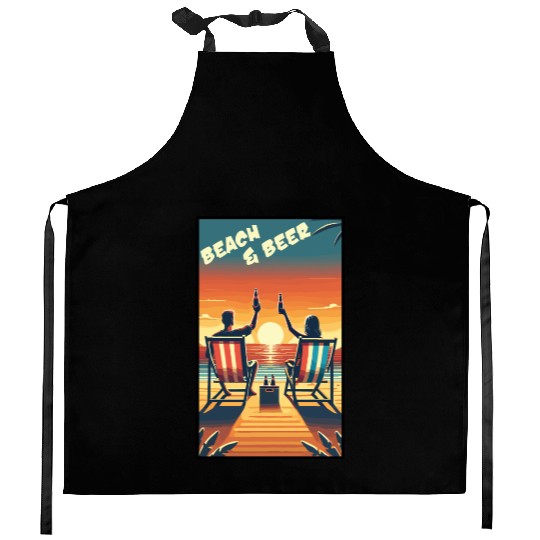 Relaxing Beach & Beer Sunset Design for Summer Fun Kitchen Aprons