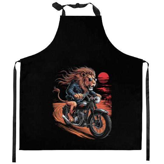 Cool Lion Riding Motorcycle Graphic for Biker Kitchen Aprons