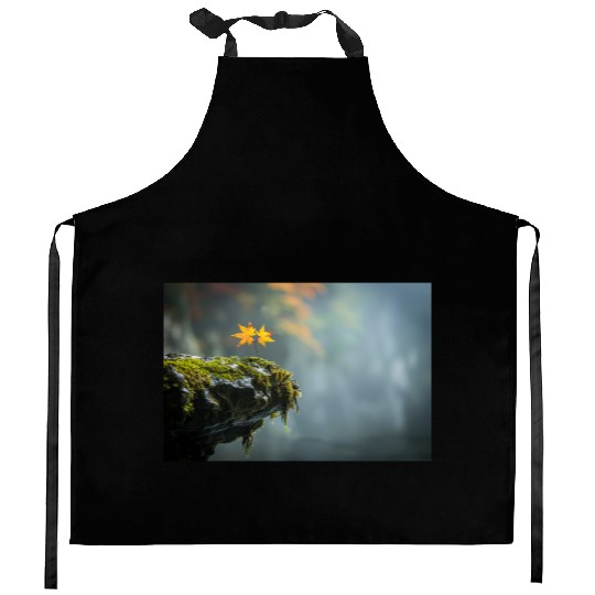 Autumn Leaves on Mossy Rock Cliff Edge Kitchen Aprons