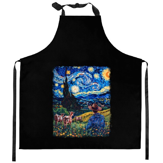 Cow Farmer Farming Farm Starry Night Painting Kitchen Aprons