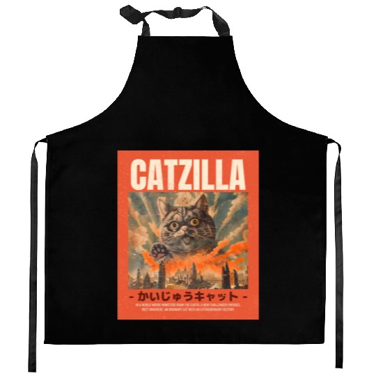 Catzilla Vintage Japanese Funny Angry Cat Kitchen Aprons