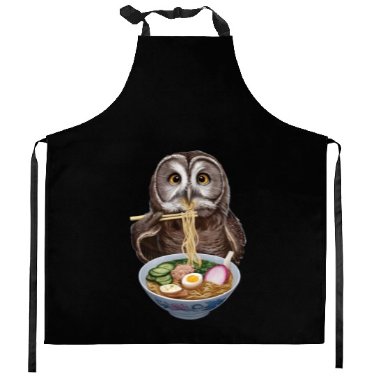 Owl Eating Ramen Realistic Kitchen Aprons