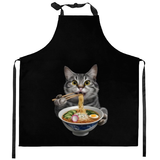 Cat Eating Ramen Realistic Kitchen Aprons