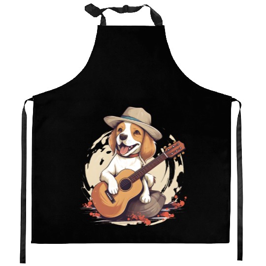 Beagle Playing a Guitar Cute and Happy Kitchen Aprons