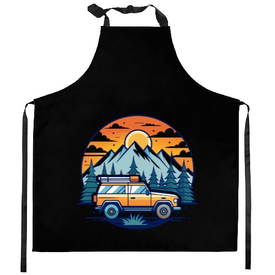 Camper Van parked Lake with Mountains Kitchen Aprons