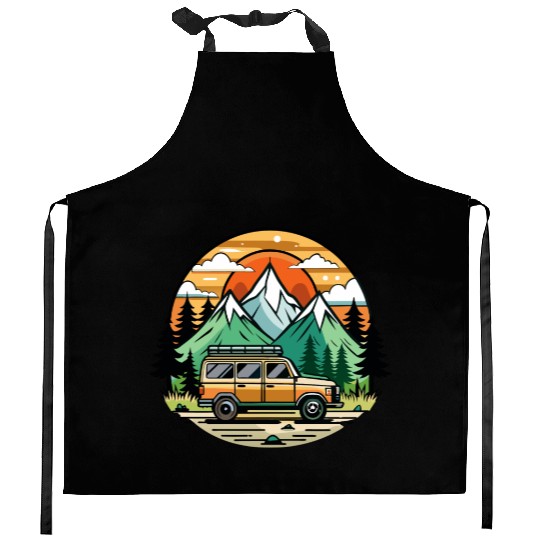 Camper Van parked Lake with Mountains Kitchen Aprons