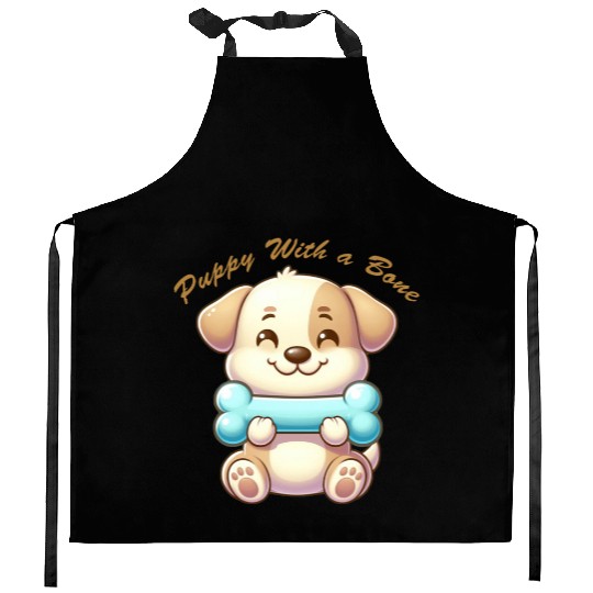 puppy with a bone Kitchen Aprons