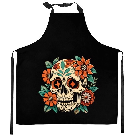 Vintage Retro Halloween Sugar Skull with floral Kitchen Aprons