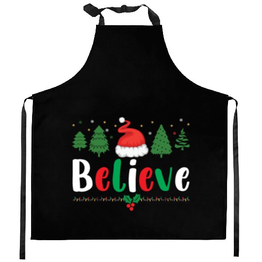 Merry Christmas Believe Santa Claus Hat Xmas Tree Kitchen Aprons