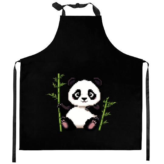 A pixel art of a panda with a bamboo leaf Kitchen Aprons