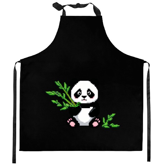 A pixel art of a panda with a bamboo leaf Kitchen Aprons