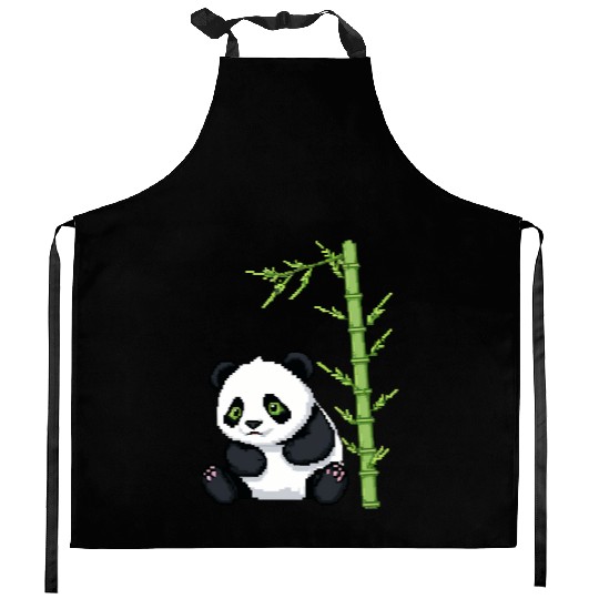 A pixel art of a panda with a bamboo leaf Kitchen Aprons