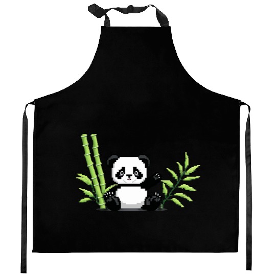 A pixel art of a panda with a bamboo leaf Kitchen Aprons